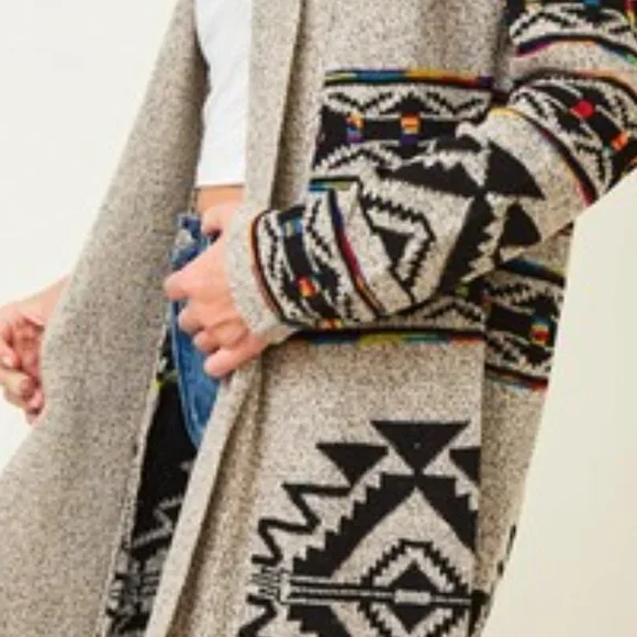 new ON BLUE SWEATER CARDIGAN WRAP boho western AZTEC TRIBAL TAUPE jacquard SM-3X - Picture 9 of 9